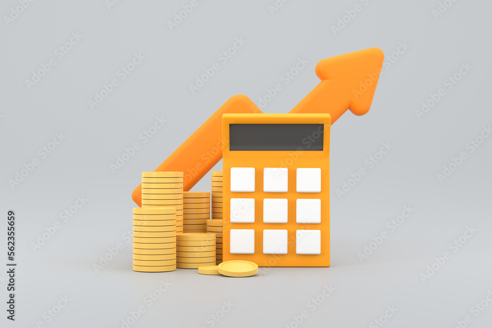 Poster minimal calculator concept of financial management. calculator with coins stack and arrow.