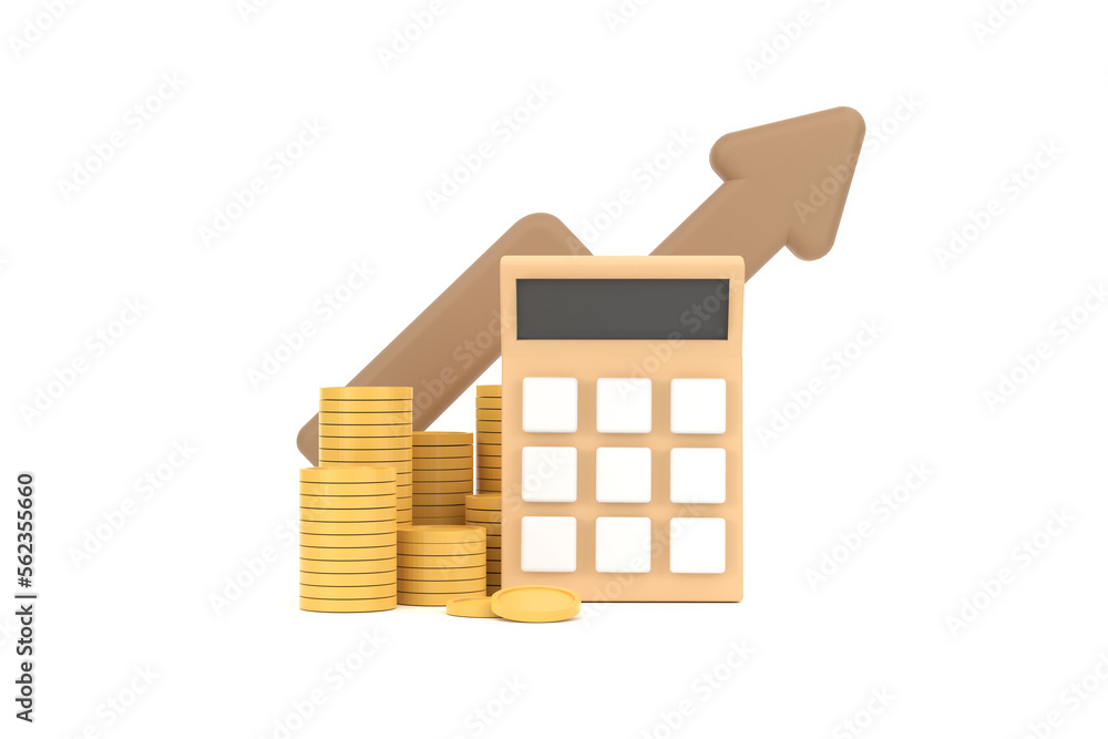 Poster minimal calculator concept of financial management. calculator with coins stack and arrow.