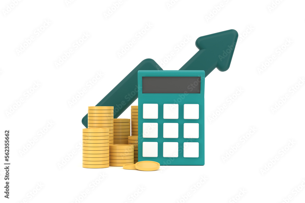Poster minimal calculator concept of financial management. calculator with coins stack and arrow.