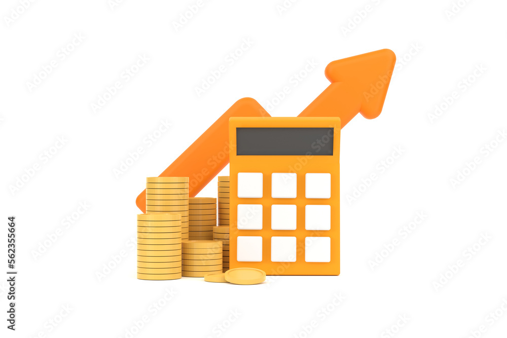 Poster minimal calculator concept of financial management. calculator with coins stack and arrow.