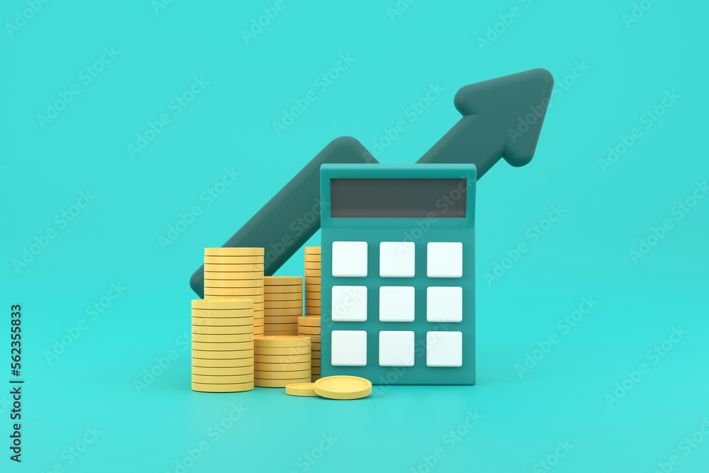 Poster minimal calculator concept of financial management. calculator with coins stack and arrow.