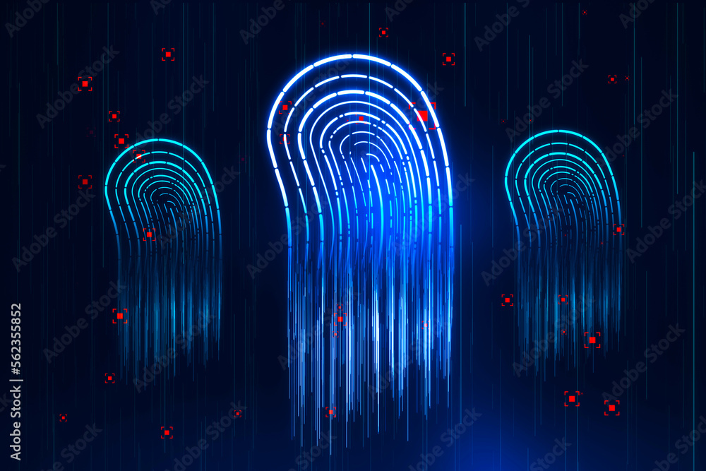 Aufkleber abstract glowing blue fingerprint hologram on dark background. forensics and id concept. 3d renderin