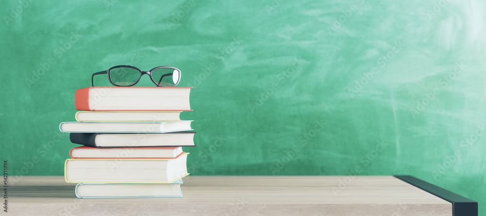 Poster Education, learning and motivation concept with eyeglasses on stack of books on wooden table surface and chalkboard background. 3D rendering, mockup