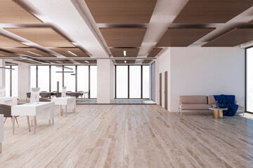 Simple concrete and wooden coworking office interior with equipment, daylight and furniture. 3D Rendering.