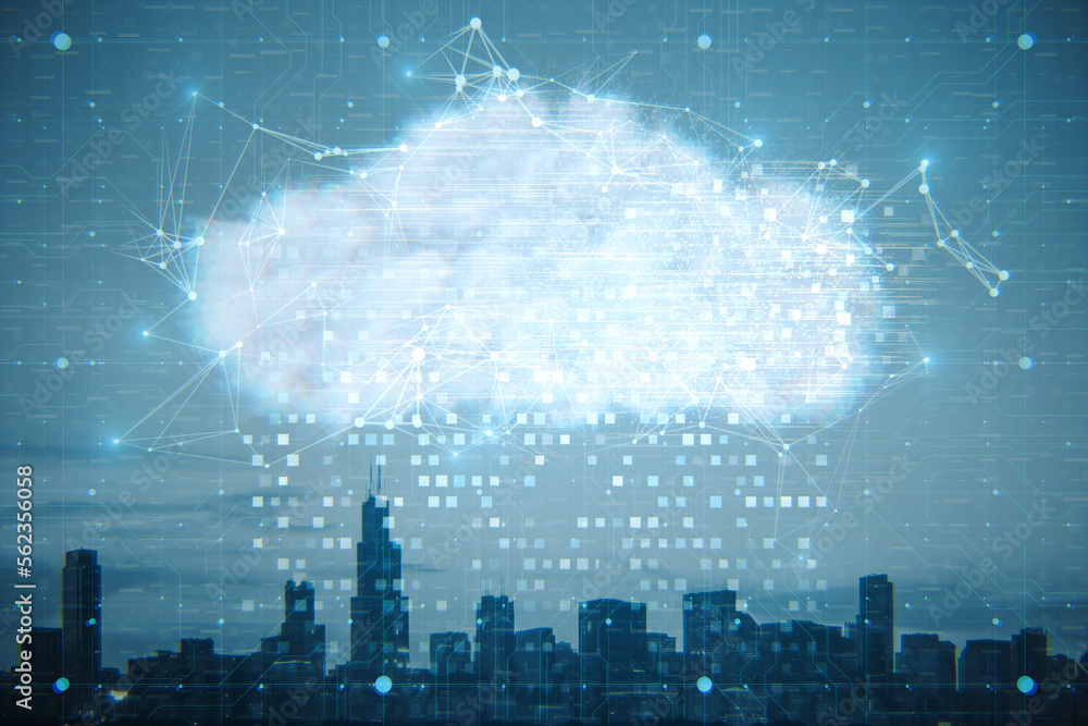 Poster Digital glowing polygonal cloud mesh on blurry city sky background. Storage technology concepts transfer data to cloud computing platforms. Double exposure.