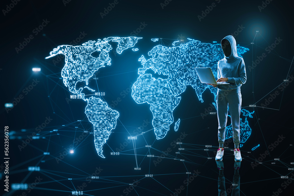 Poster Hacker in hoodie using laptop with glowing pixel map hologram on blurry blue background. Infographic data, hacking, theft, malware and globe concept.