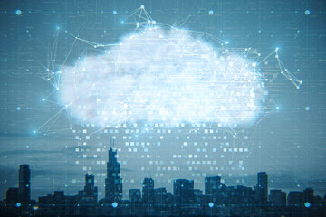 Digital glowing polygonal cloud mesh on blurry city sky background. Storage technology concepts...
