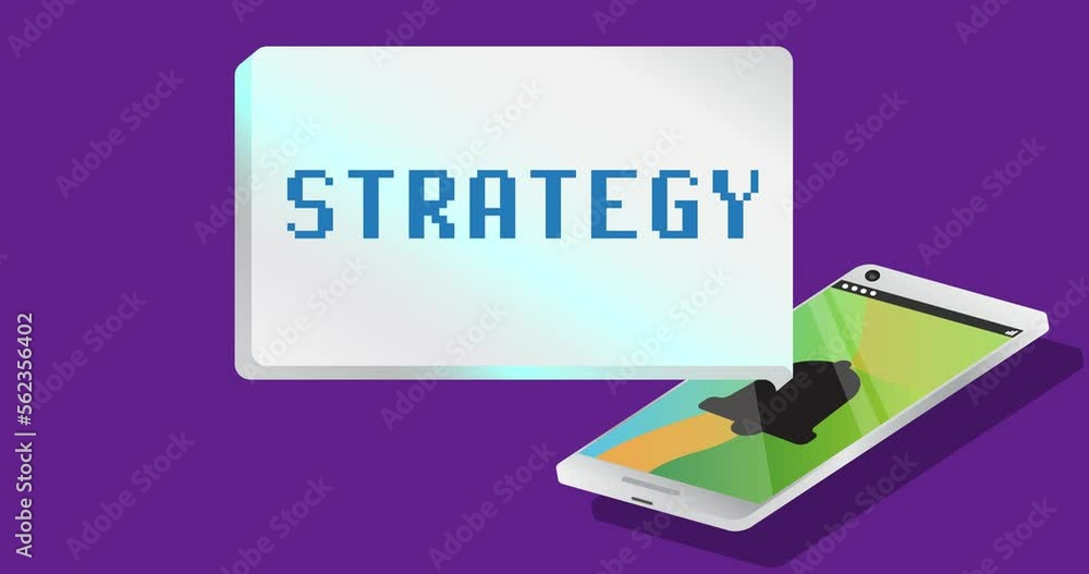 Poster strategy text on notification bubble from portable information device screen. mobile app message, co