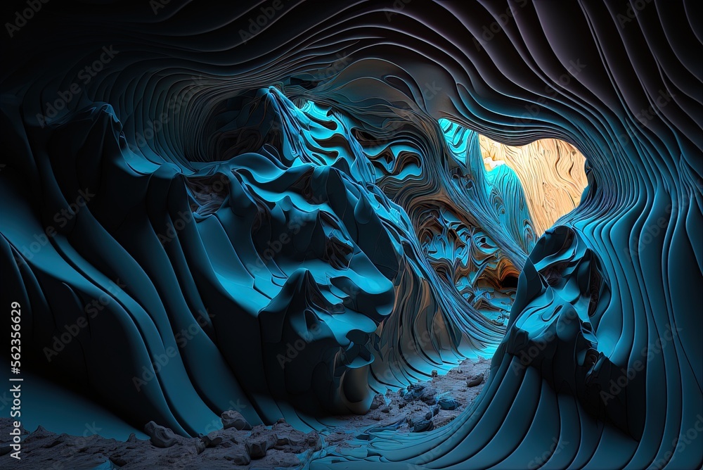 Aufkleber structures in this cave have a rippling pattern in blue and turquoise. generative ai