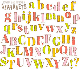 hand drawn alphabet doodle, crayon and marker