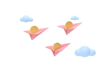paper airplane and coins with clouds cute. financial concept.