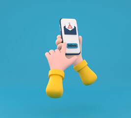 Hand holding a cell phone with a fraudulent sms on the screen. Electronic messaging scam alert