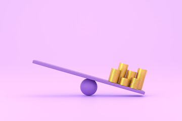 golden coin on unbalancing scale. business finance concept.