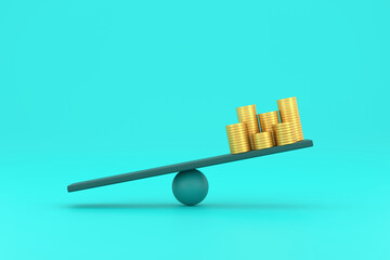 golden coin on unbalancing scale. business finance concept.