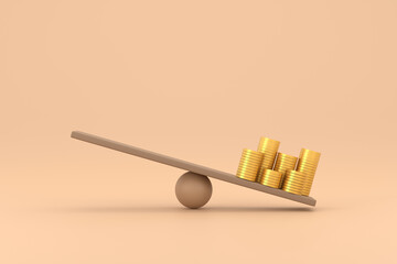 golden coin on unbalancing scale. business finance concept.