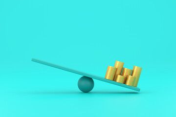 golden coin on unbalancing scale. business finance concept.