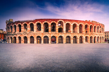 Obraz premium Verona, Italy. Twilight view of Piazza Bra with Arena, Roman Empire heritage.