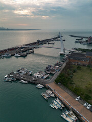 Aerial view of Love Bridge. Located in Tamsui Fisherman's Wharf, New Taipei City, Taiwan.