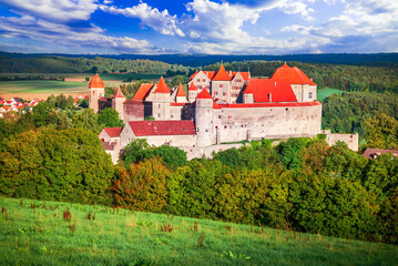 Harburg, Swabia. Beautiful medieval castle in historical Bavaria, Germany. Wornitz River rural...