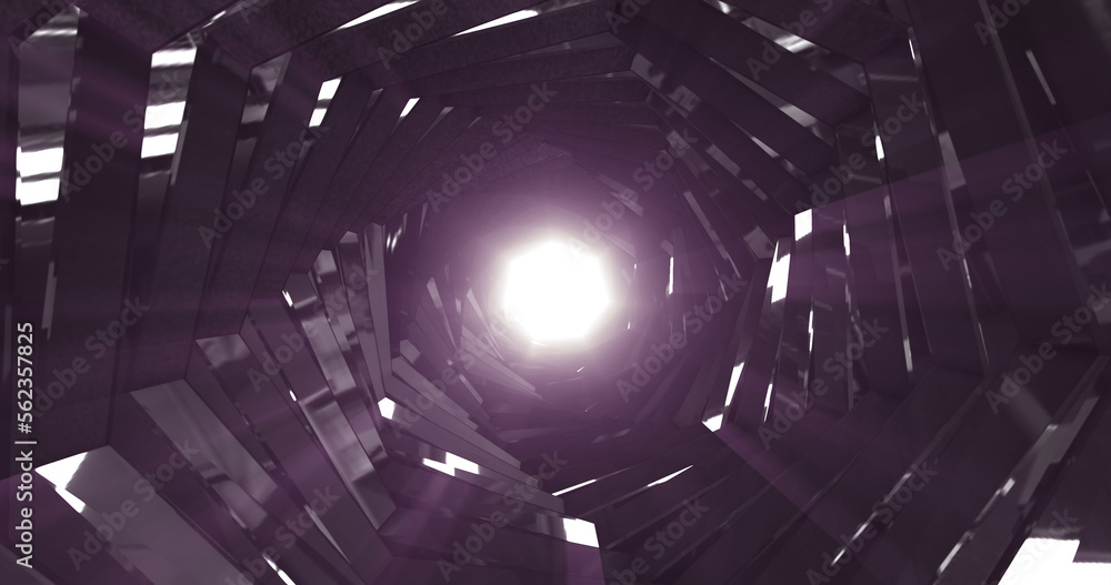 Poster a rotating dark metal tunnel with walls of ribs and lines in the form of a hexagon with reflections 
