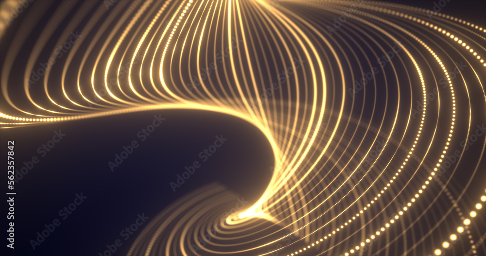 Poster abstract yellow waves from lines and dots particles of glowing swirling futuristic hi-tech with blur