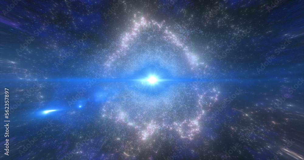 Poster abstract space galaxy with stars and planets spinning from particles and dots glowing bright futuris