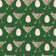 Watercolor spring seamless pattern with funny hens and colorful eggs on green background. Great for fabrics, wrapping papers, covers. Easter design.