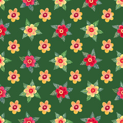 Watercolor floral seamless pattern with daisy flowers on green background.  Great for fabrics, wrapping papers, covers.