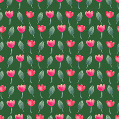 Watercolor spring seamless pattern. Tulip flowers and leaves. Great for fabrics, wrapping papers, covers. Easter design. Green background.