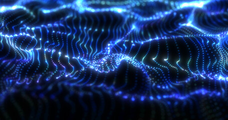 Abstract blue futuristic waves from a grid of particles lines glowing bright shiny neon digital magical energy on a dark background. Abstract background