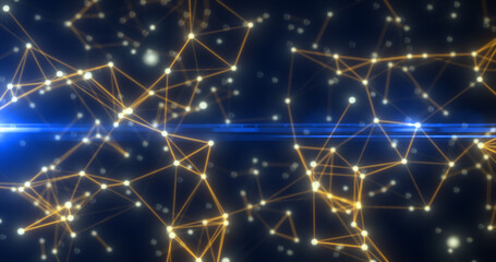 Abstract hi-tech yellow gold glowing lines with dots and plexus triangles, abstract blue background © Bolbik