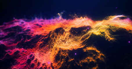 Abstract moving multicolored purple and yellow futuristic landscape of particles and dots of energetic magic with glow and blur effect, abstract background