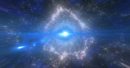 Naklejka premium Abstract space galaxy with stars and planets spinning from particles and dots glowing bright futuristic on a black background. Abstract background