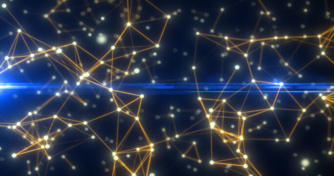 Abstract hi-tech yellow gold glowing lines with dots and plexus triangles, abstract blue background