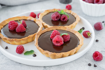 Delicious chocolate tart with raspberry on the plate on a gray background. Summer dessert. Copy space