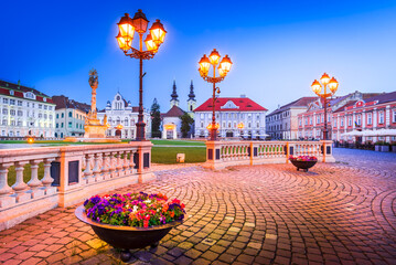 Timisoara, Romania - Union Square downtown night scene, beautiful baroque city in Banat. European...
