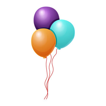 Colorful 3 balloons with bow set in cartoon style isolated on white background.