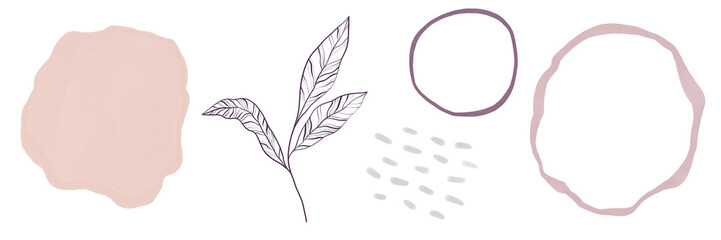 Collection of abstract design elements, contemporary art. Spots, a group of texture brush strokes, circles, curved shapes, uneven shapes, contour twig. Isolated on white background.