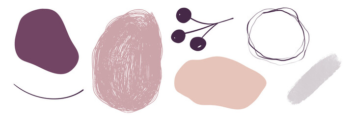 Collection of abstract design elements, contemporary art. Spots, strokes, textured brushes, lines, crooked shapes, uneven figures. Isolated on white background.