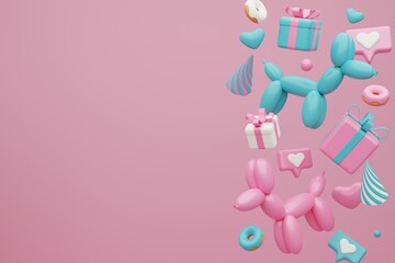 Festive background. Pastel pink and blue cake, balloons, gift boxes on light pink background. 3D rendering