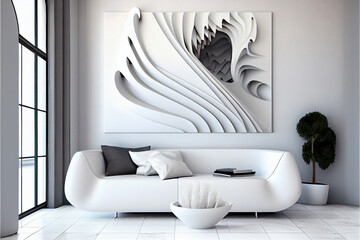 Modern white designer living room with abstract picture, illustration