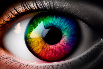 Female eye with colorful pupil. Close up of rainbow eye. Created with generative ai - obrazy, fototapety, plakaty