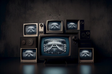 A lot of old televisions in dark room. TV addiction, propaganda and fake news concept. Generative AI