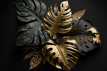 Black and golden tropical leaves on dark background. Generative AI