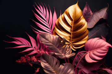 Pink, green and golden tropical leaves on dark background. Generative AI - 562359041