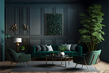 A modern living room, in a minimalist millenium crib, high ceiling and filled with midnight green and khaki colour as the wall blend in with the design of the furniture.	
