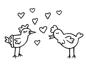 Hen and rooster with hearts, hand-drawn doodle romantic chicken couple. Love feelings,festive design Valentine's Day, drawing by ink, pen,marker.Isolated.Vector