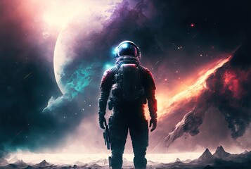 Obraz na płótnie Canvas close up astronaut with universe gradient color sky as background idea for sci-fi theme background or wallpaper Generative Ai