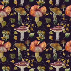 seamless pattern with mushrooms and autumn leaves. watercolor hand drawn