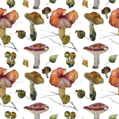 seamless pattern with hand-drawn watercolor mushrooms